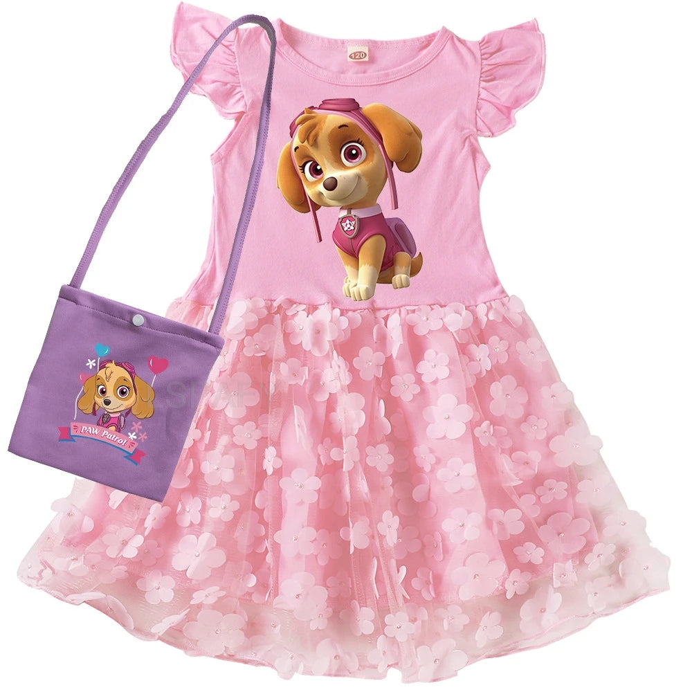 Robe Pat' Patrouille pour fille, Stella, jupe rose à fleurs et pochette violette, manches volantées