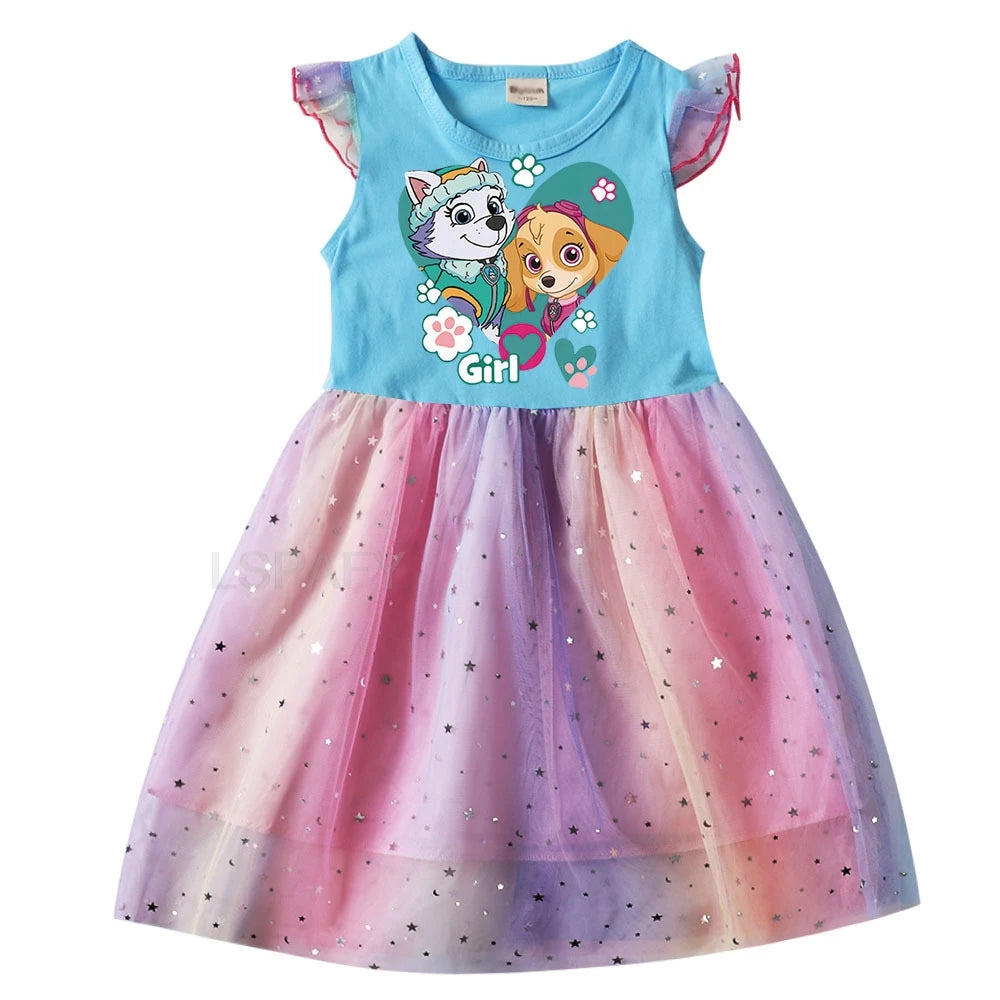 Robe Pat' Patrouille pour fille, haut bleu imprimé Everest et Stella dans un cœur « Girl » et jupe en tulle arc-en-ciel