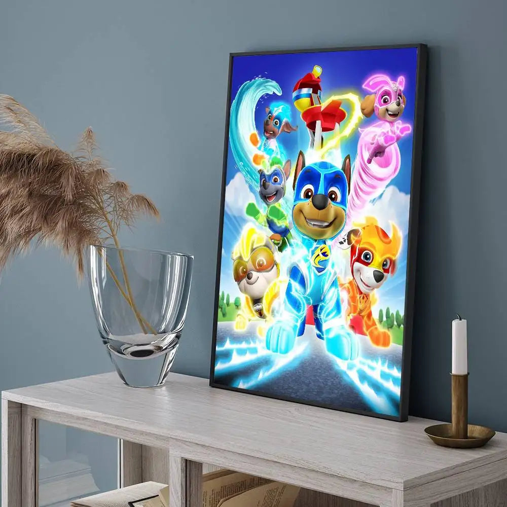 Affiche encadrée de super-héros néon avec personnages sur fond bleu, format vertical