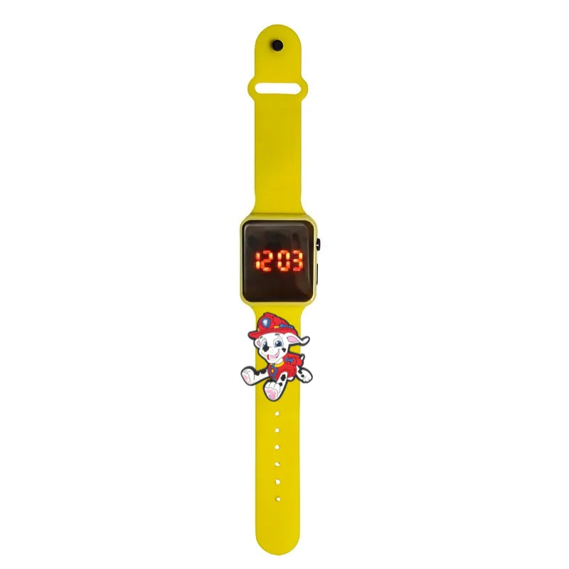 Montre LED enfant Pat Patrouille, bracelet jaune en silicone, écran digital rouge.
