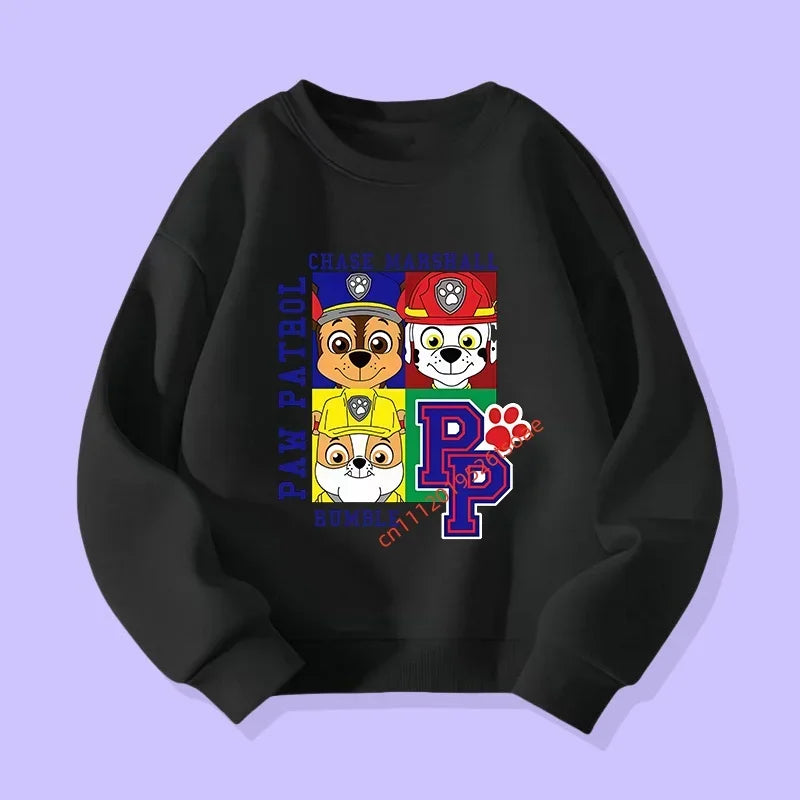 Pull noir Pat Patrouille, imprimé Chase Marshall avec badge et pattes multicolores.