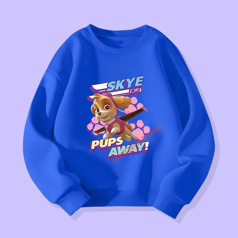 Pull bleu enfant avec motif Skye et texte « Pups Away! »