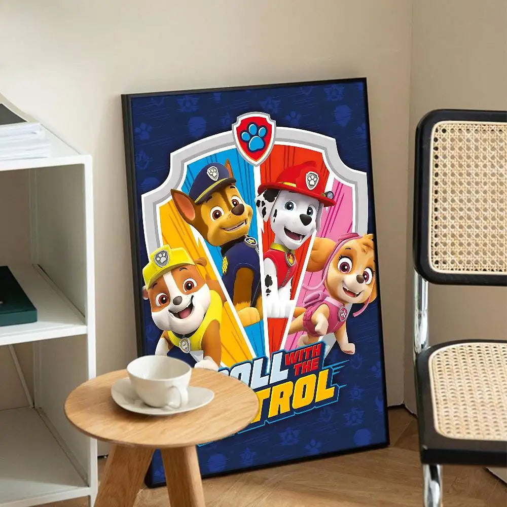 Affiche bleue Pat Patrouille avec Chase, Marcus et chiots, encadrée