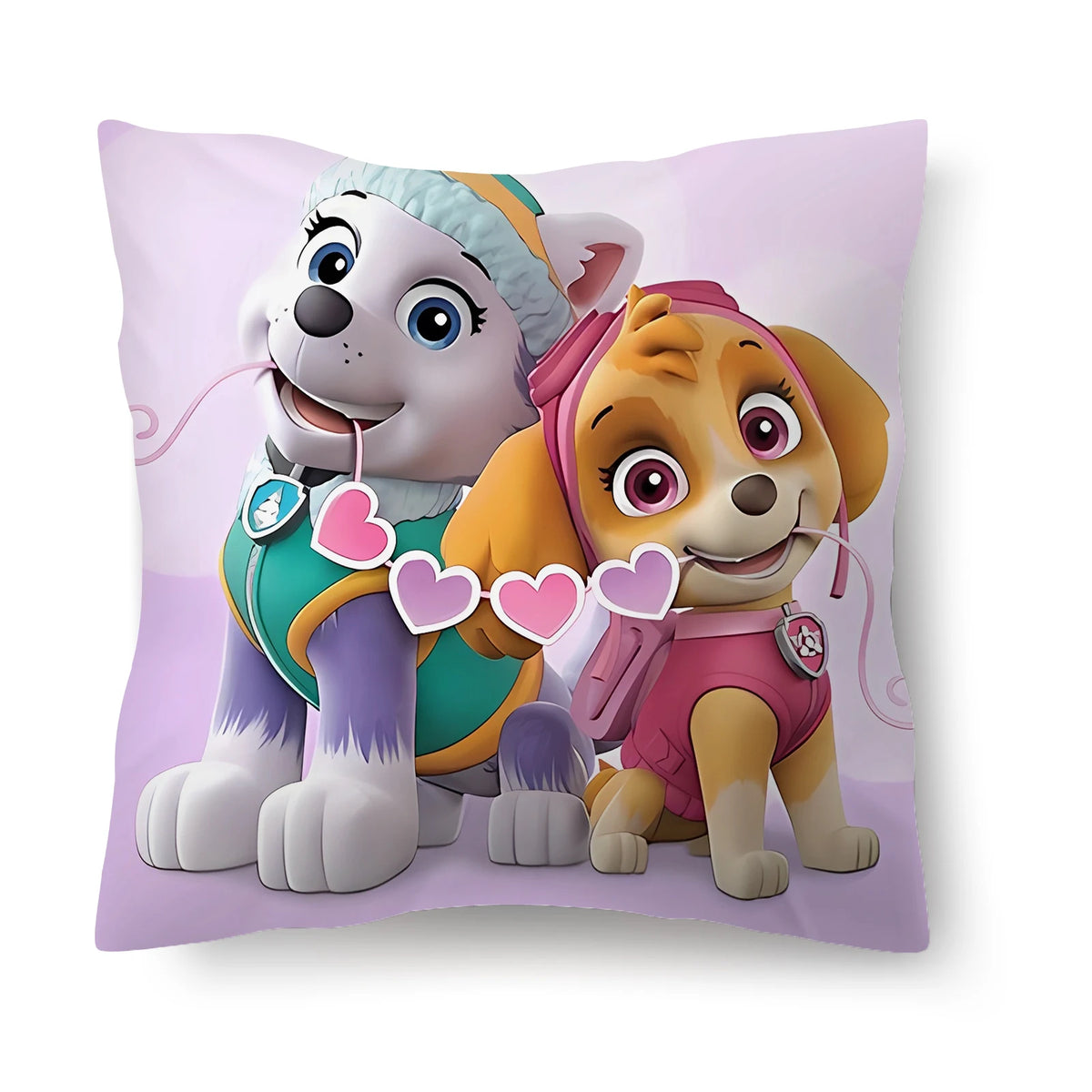 Coussin décoratif à motif Pat Patrouille avec cœurs roses et violet, chiots souriants
