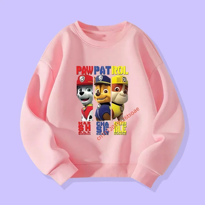 Pull rose enfant, impression Pat' Patrouille Trio en Action sur le devant.