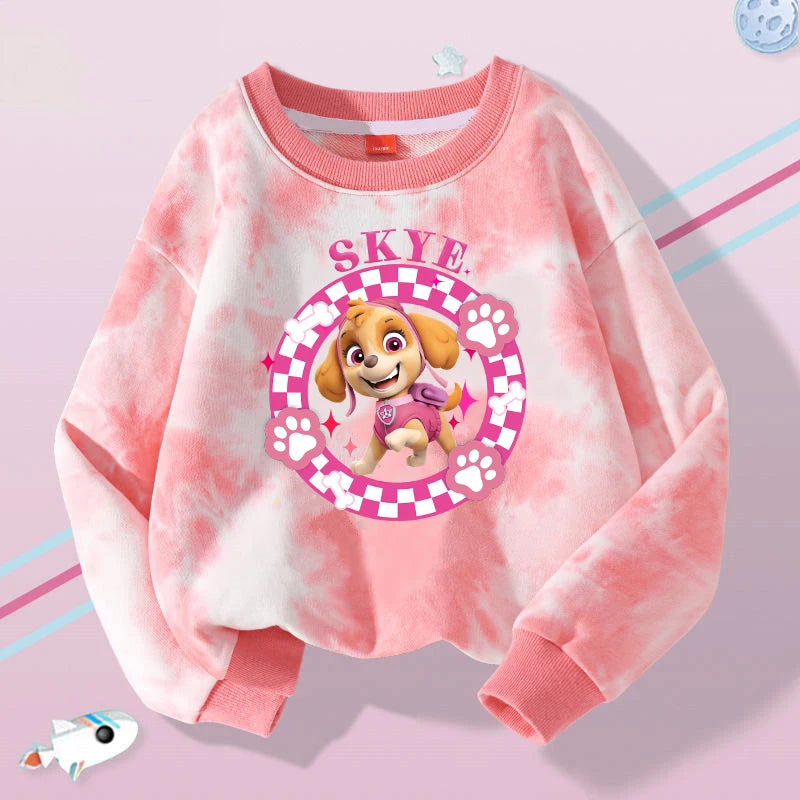 Pull tie-dye rose à col rond, manches longues, motif Skye au centre.
