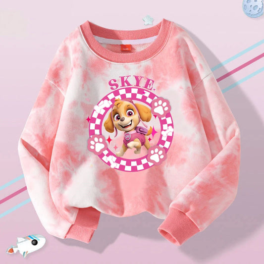 Pull tie-dye rose à col rond, manches longues, motif Skye au centre.