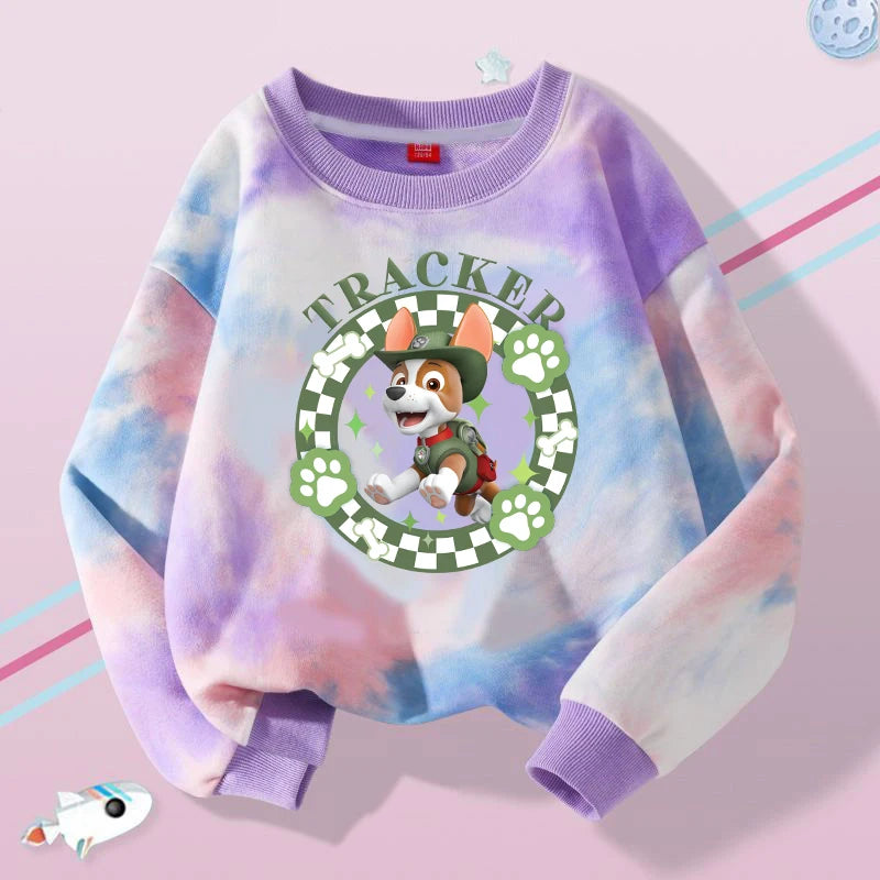 Pull enfant tie-dye violet Tracker, col rond, motif chien et pattes