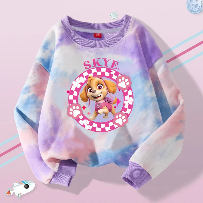 Pull tie-dye violet/bleu à col rond, manches longues, motif Skye au centre.