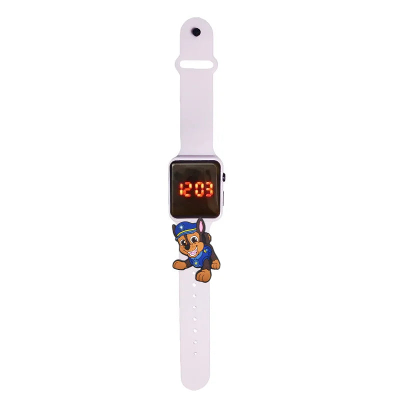 Montre LED enfant à bracelet rose, cadran carré et affichage rouge 12:03, motif Pat Patrouille