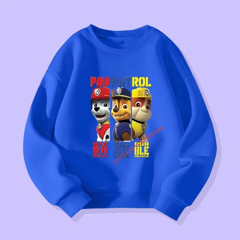 Pull bleu enfant, impression Pat' Patrouille Trio en Action sur le devant.