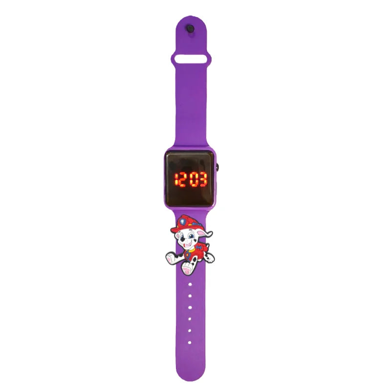 Montre LED enfant violette, cadran carré 12:03, motif Pat Patrouille Marcus