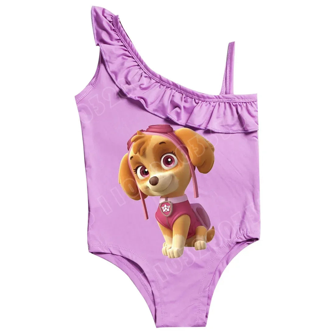 Maillot de bain une pièce fille violet, encolure volants, motif chiot
