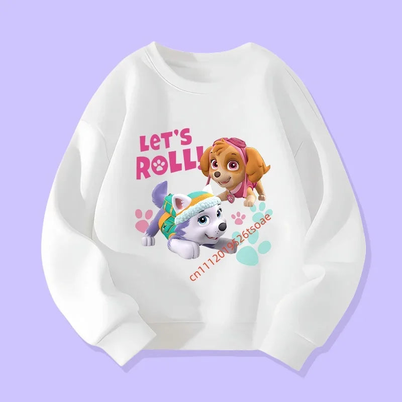 Pull enfant blanc à manches longues, imprimé Pat' Patrouille avec chien et personnage.
