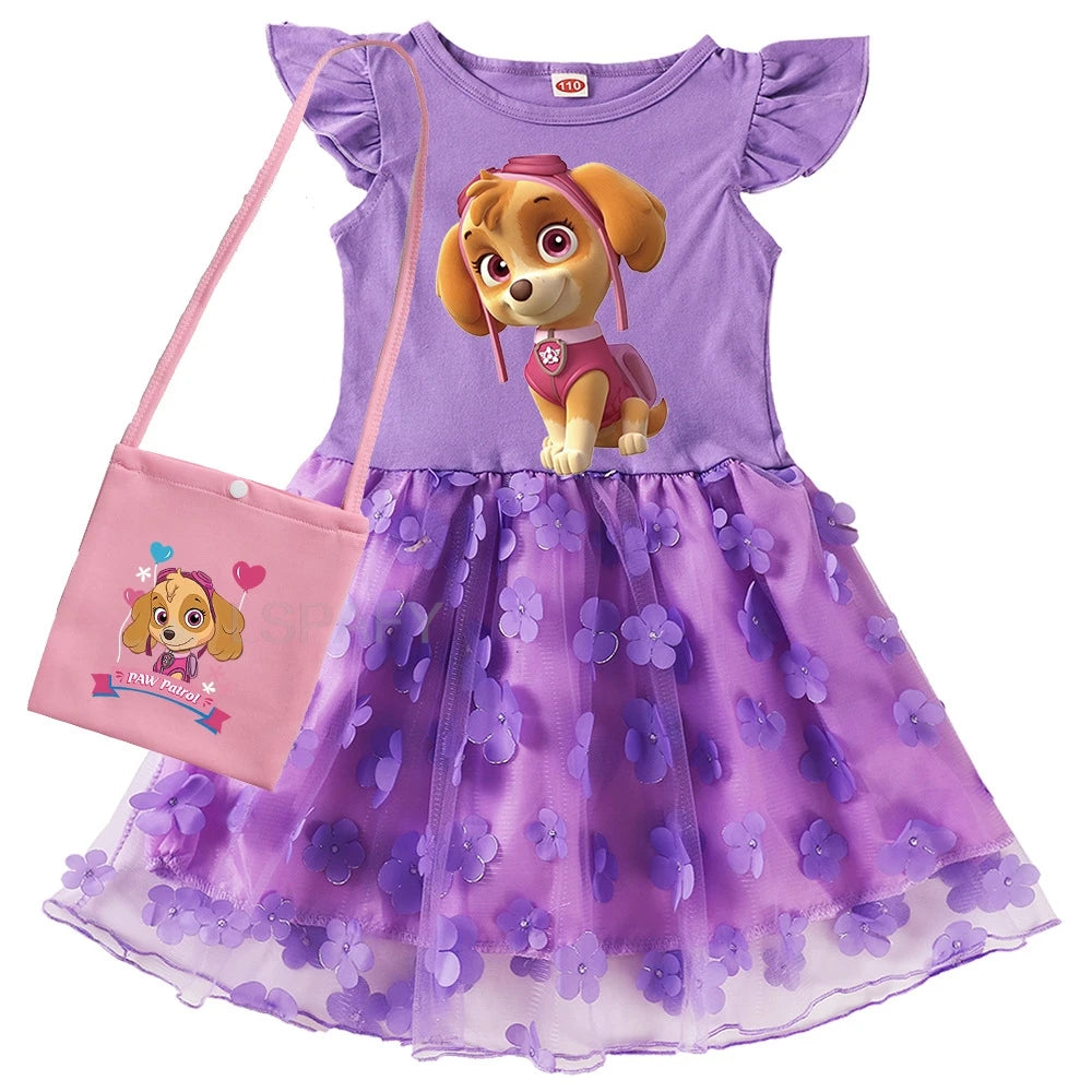 Robe Pat' Patrouille pour fille, Stella, jupe violette à fleurs et pochette rose, manches volantées