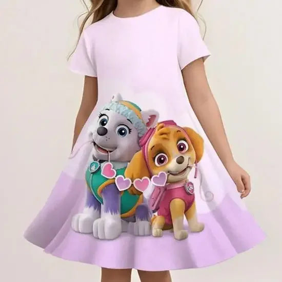 Robe rose fille avec motif de chiots et cœurs en impression sur l’ourlet