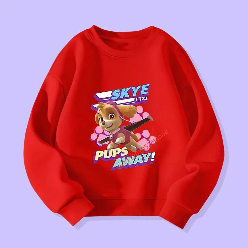 Pull rouge enfant avec motif Skye et texte « Pups Away! »
