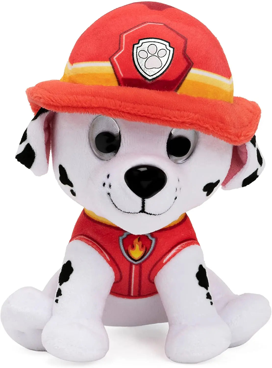 Peluche chien Marcus blanc et noir, casque rouge et tenue rouge avec écusson