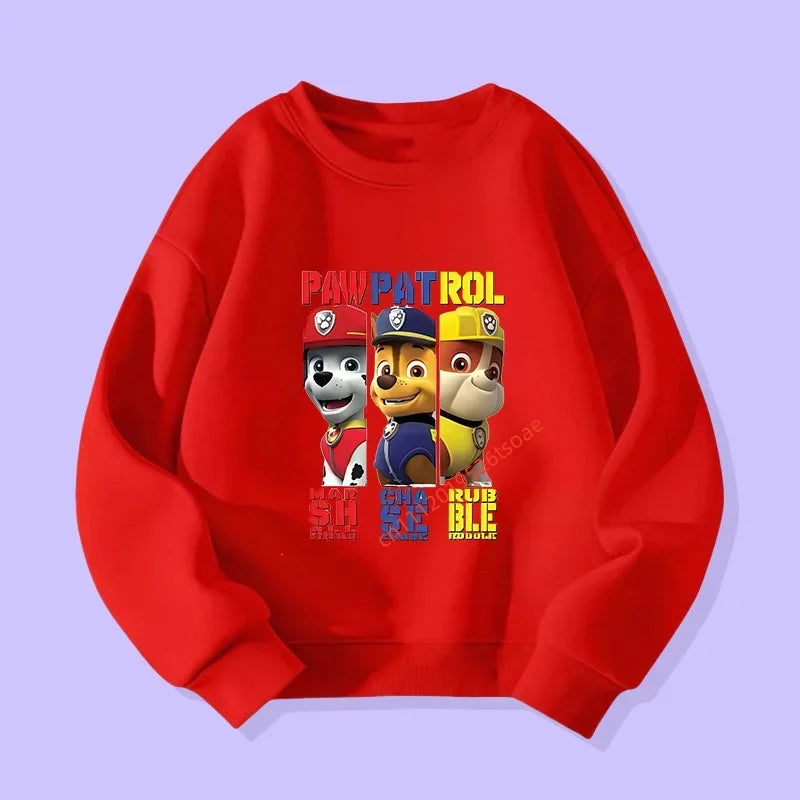 Pull rouge enfant, impression Pat' Patrouille Trio en Action sur le devant.