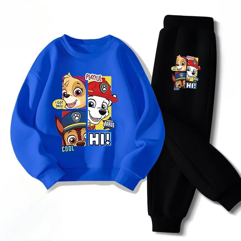 Ensemble sweat bleu et pantalon de jogging noir, impression chiots multicolore «HI»