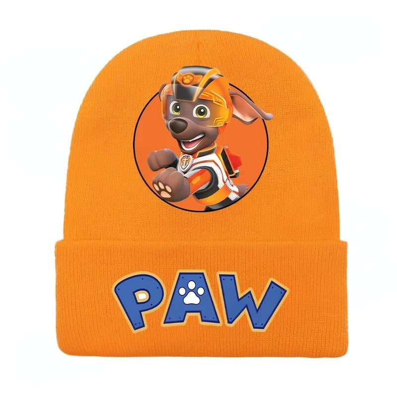 Bonnet Pat Patrouille Zuma en maille orange, logo « PAW » et personnage.