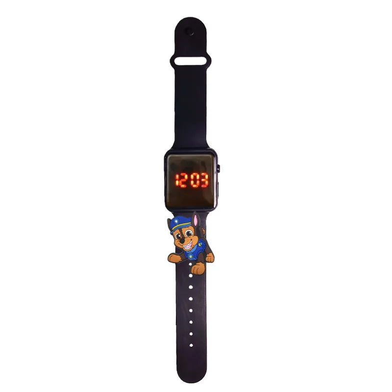 Montre LED enfant Pat Patrouille Chase, bracelet noir, cadran numérique lumineux.