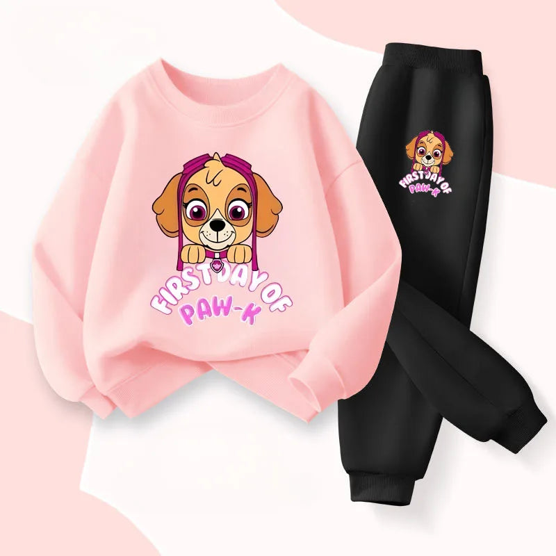 Ensemble fille sweat rose pâle et pantalon noir, imprimé chiot « First Day of Paw »