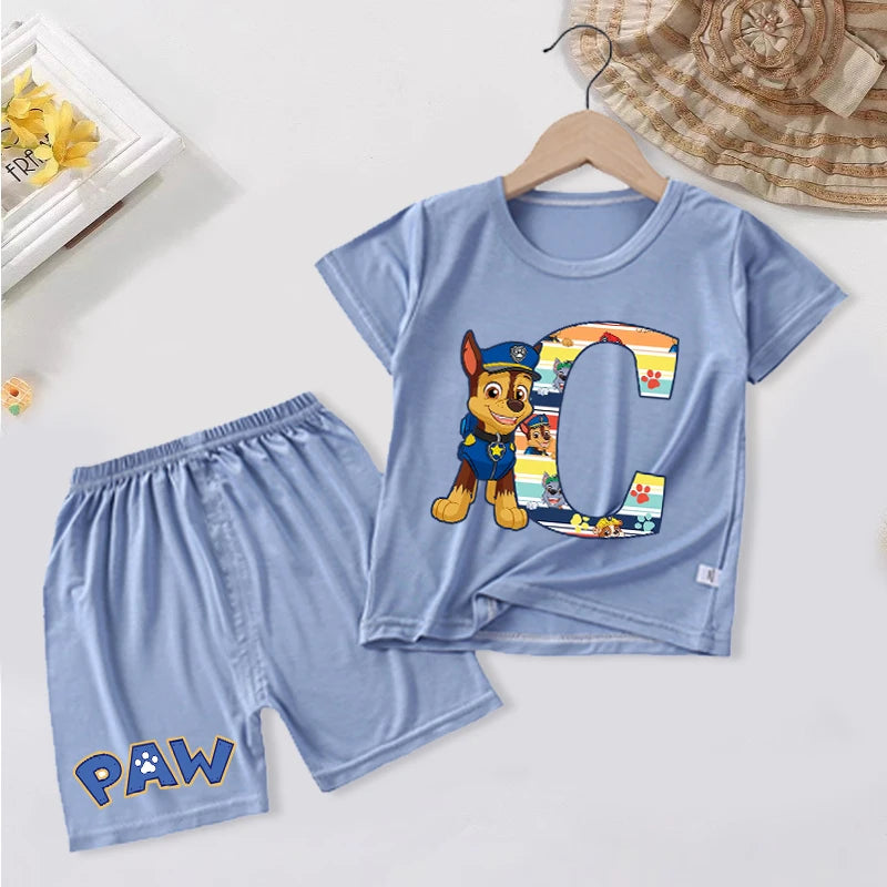 Pyjama enfant Pat' Patrouille bleu clair motif Chase, lettre à choisir, à plat, motif bien visible