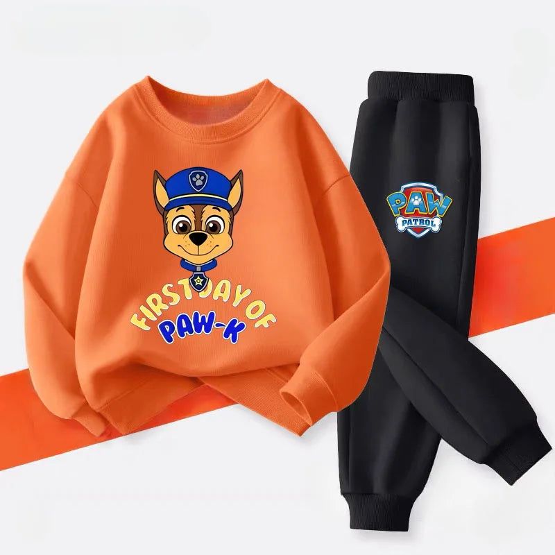 Ensemble sweat enfant orange avec motif chiot et pantalon noir assorti
