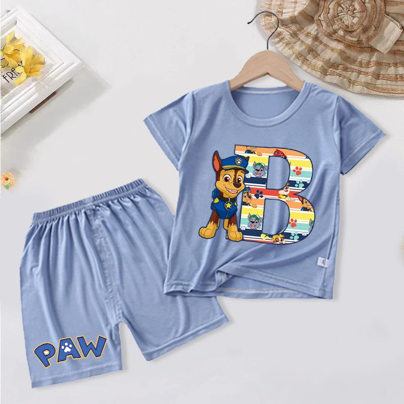 Pyjama enfant Pat' Patrouille bleu clair motif Chase, lettre à choisir, vu de face sur fond clair