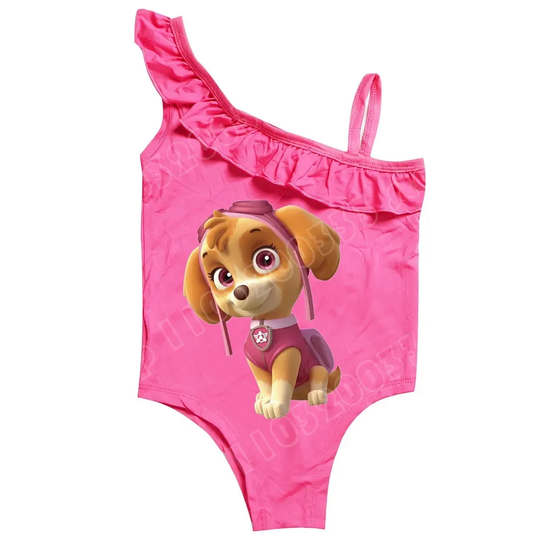 Maillot de bain une pièce fille rose foncé à volants, motif Pat Patrouille.