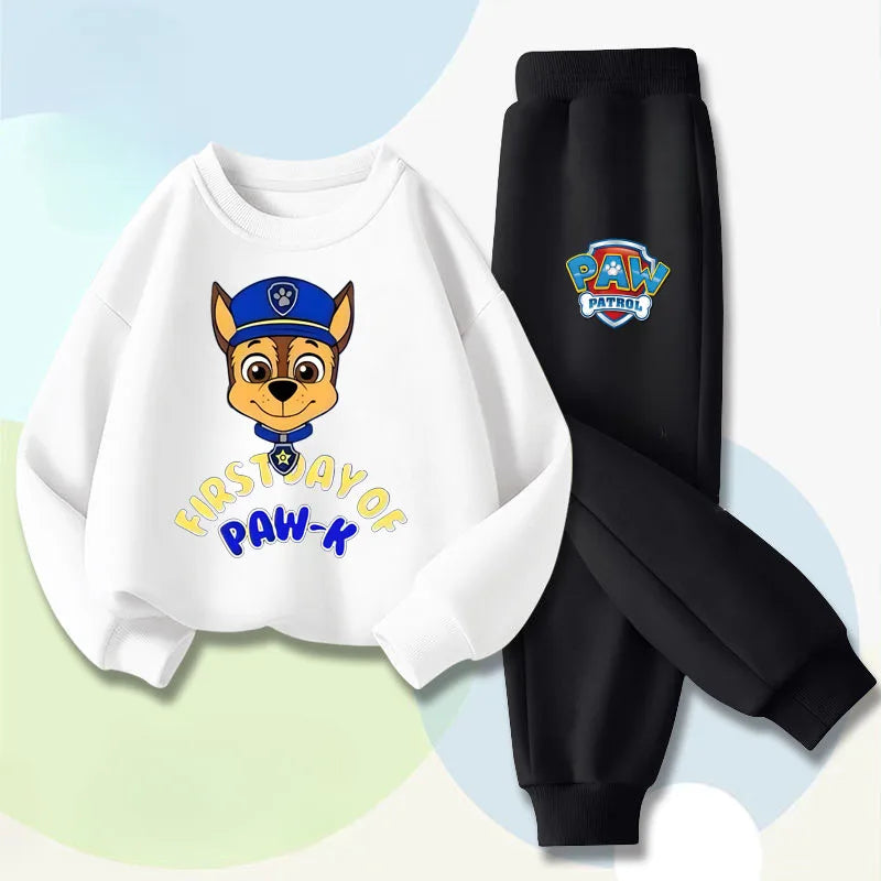 Ensemble sweat enfant blanc avec motif chiot et pantalon noir assorti