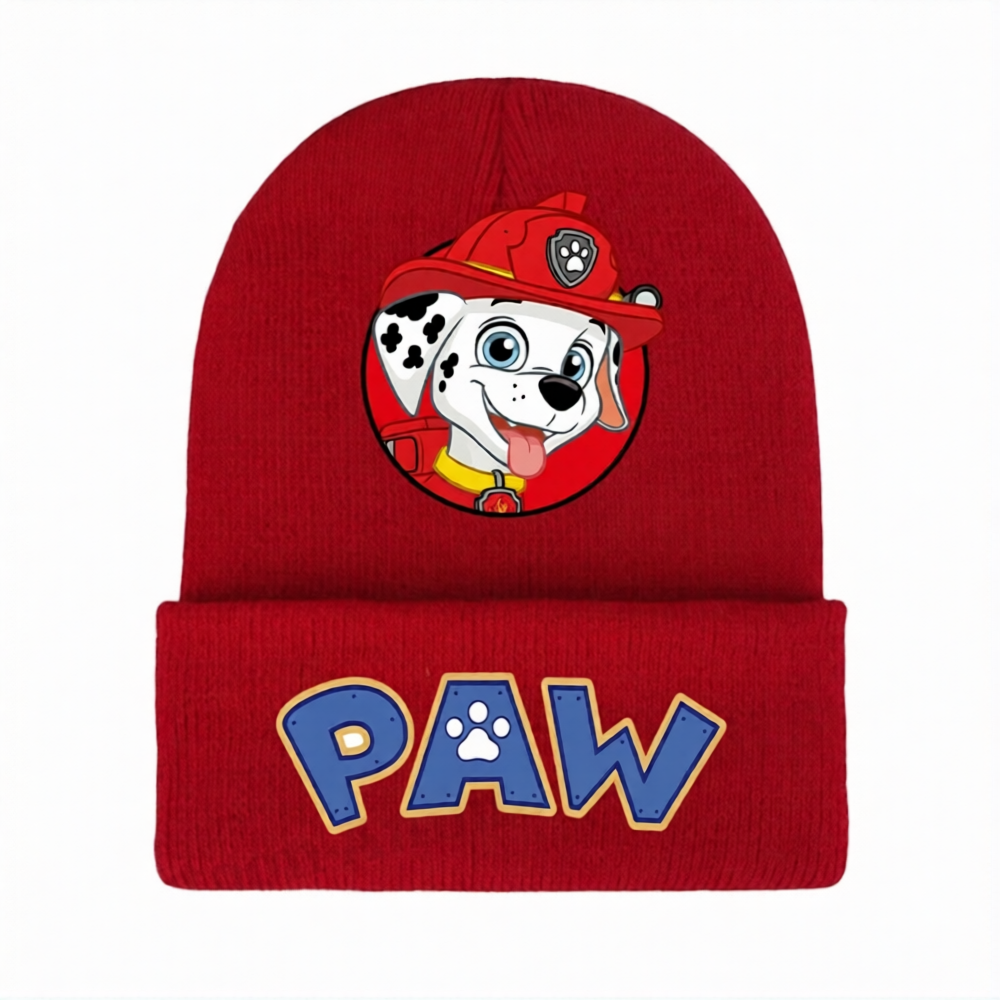Bonnet tricot rouge Pat Patrouille, motif pompier Marcus et écusson patte