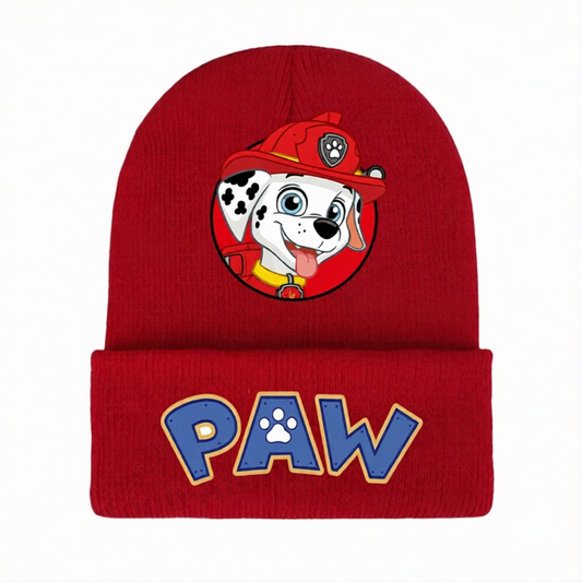 Bonnet tricot rouge Pat Patrouille, motif pompier Marcus et écusson patte