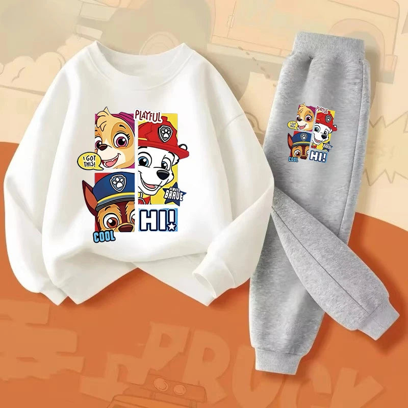 Ensemble sweat blanc et pantalon de jogging gris, motif chiots multicolore «HI»