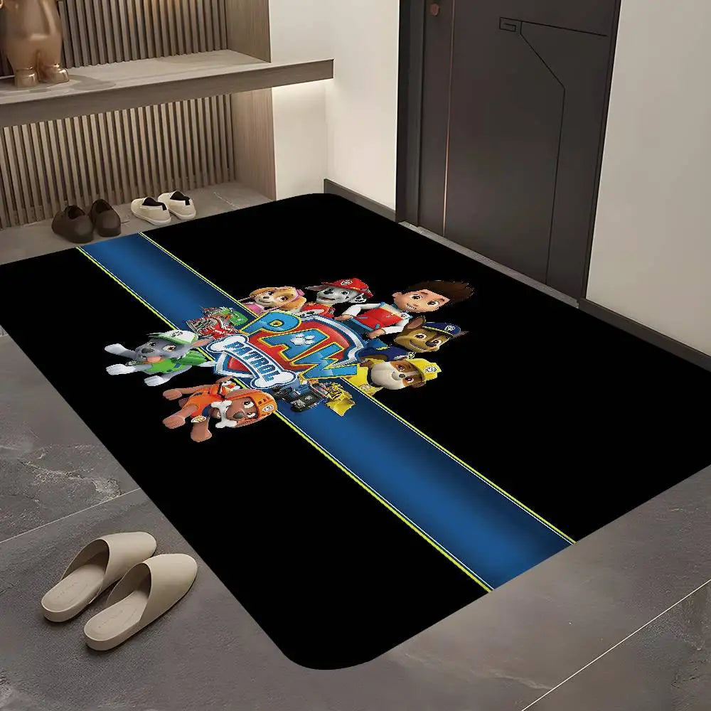 Tapis de chambre Pat' Patrouille, l'équipe réunie sur fond noir, posé au sol devant une porte