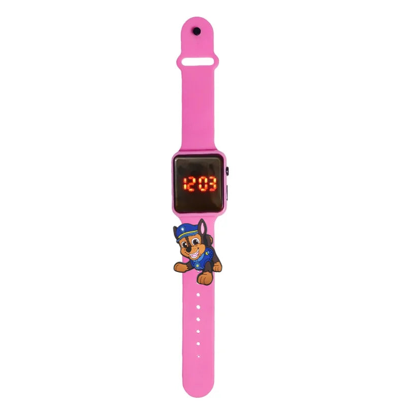Montre LED enfant Pat Patrouille Chase, bracelet rose, cadran numérique lumineux.