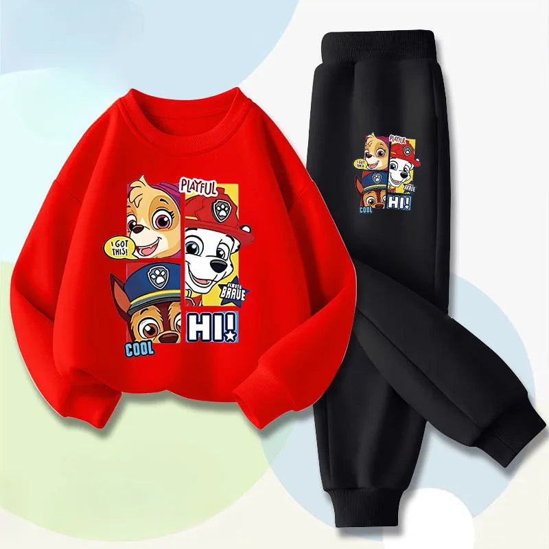 Ensemble sweat rouge et pantalon de jogging noir, motif chiots multicolore «HI»