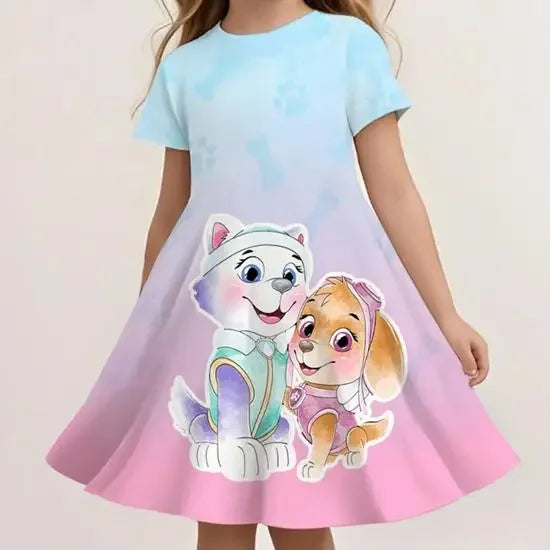 Robe enfant bleu clair et rose, imprimé chiots, manches courtes évasées