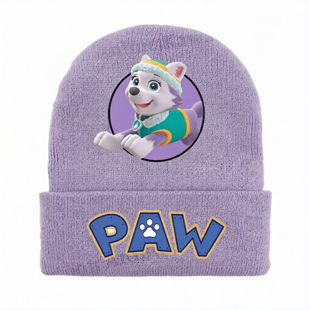 Bonnet tricot violet Pat Patrouille, écusson personnage et inscription « PAW »