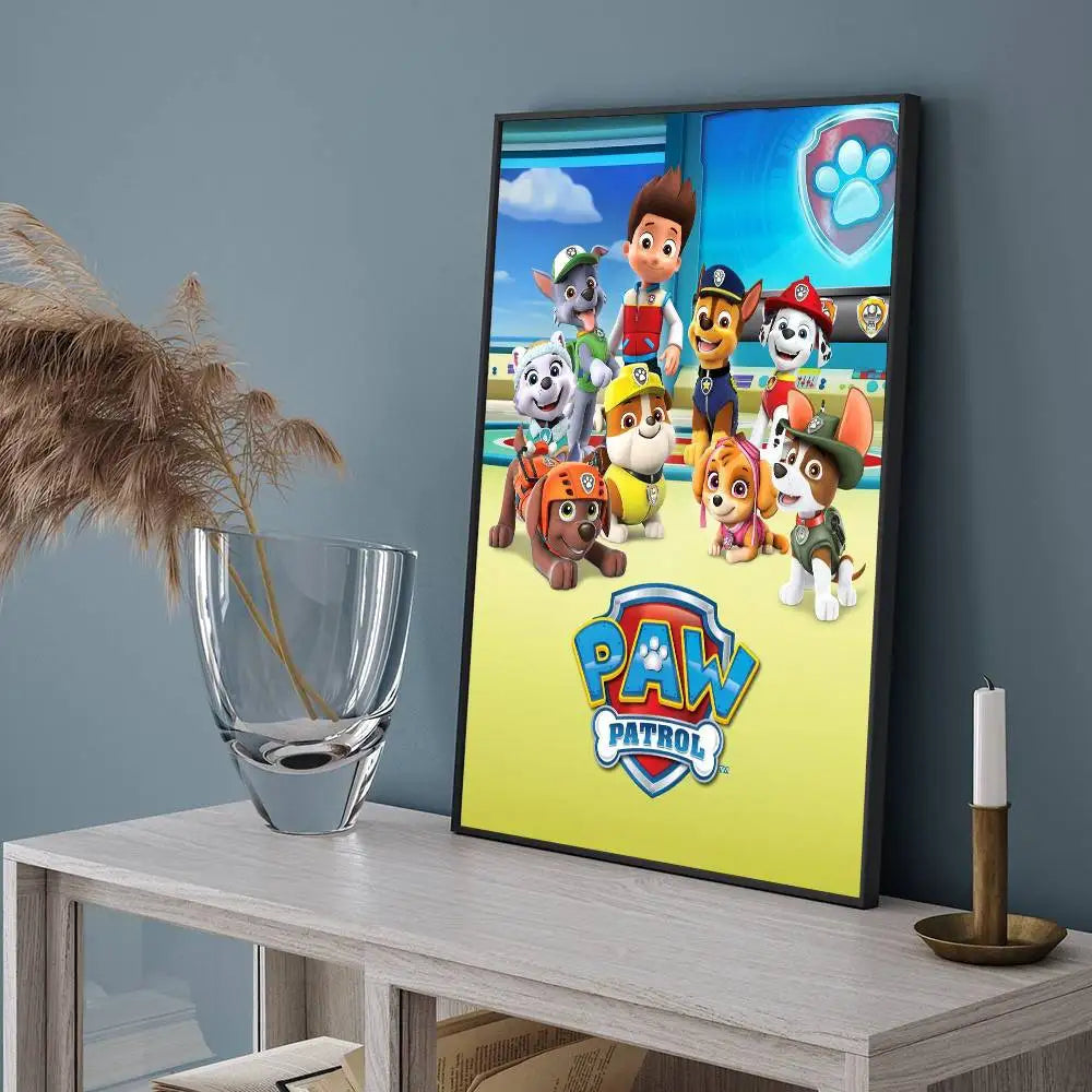 Affiche Pat Patrouille à fond jaune, logo « PAW Patrol » et chiots