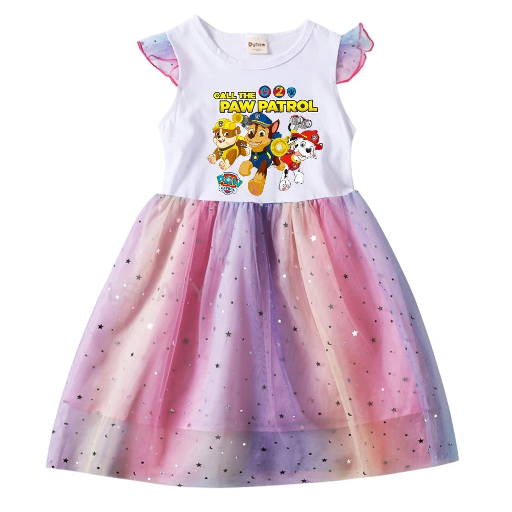 Robe Pat' Patrouille pour fille, haut blanc imprimé toute l'équipe sous le logo et jupe en tulle arc-en-ciel