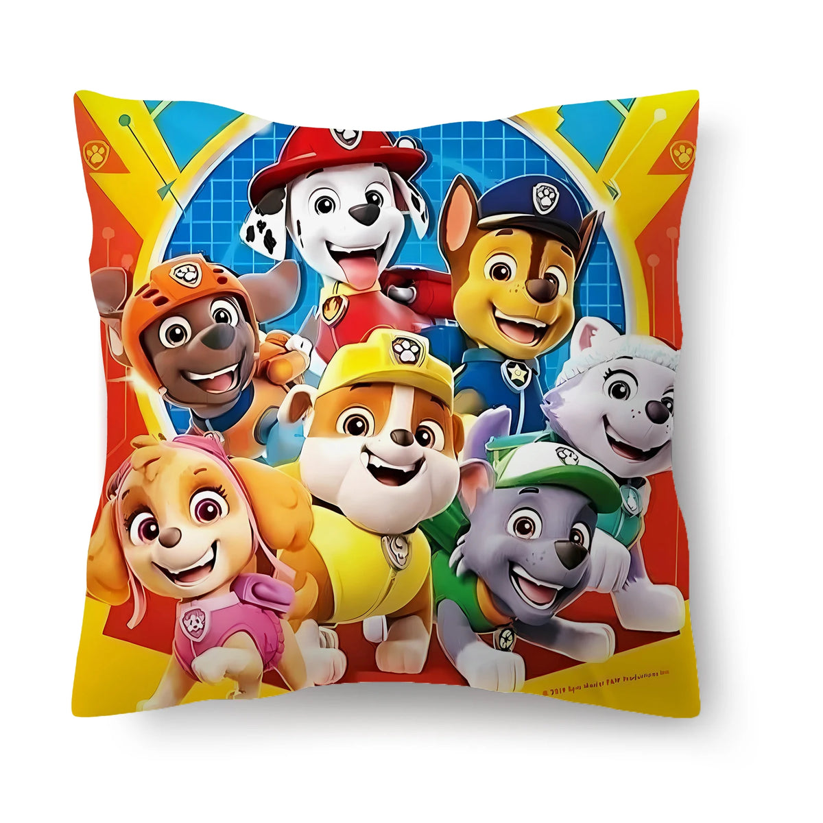 Coussin rectangulaire jaune à motif Pat Patrouille avec chiots souriants