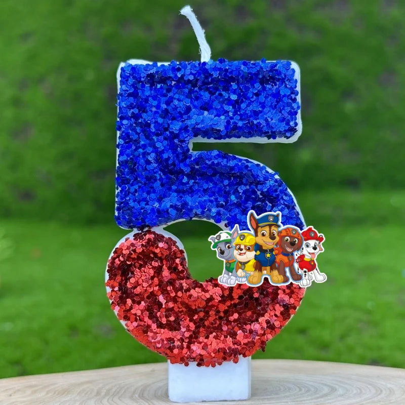 Bougie d’anniversaire Pat Patrouille chiffre 5 à paillettes bleu et rouge