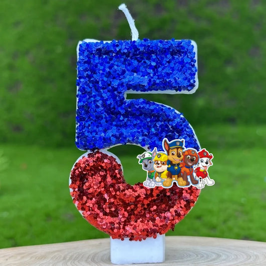 Bougie d’anniversaire Pat Patrouille chiffre 5 à paillettes bleu et rouge