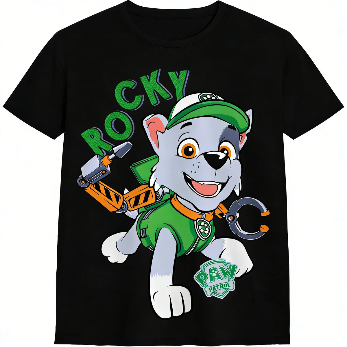 T-shirt Pat' Patrouille noir à manches courtes pour enfant, Rocky avec son prénom et sa pince à outils