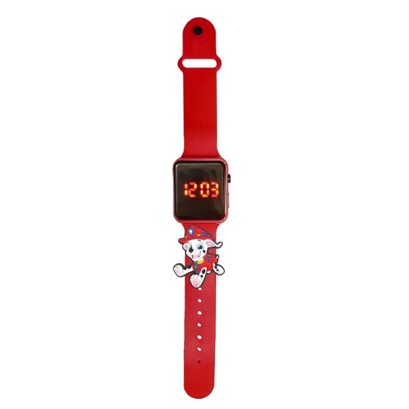 Montre LED enfant Pat Patrouille, bracelet rouge en silicone, écran digital rouge.
