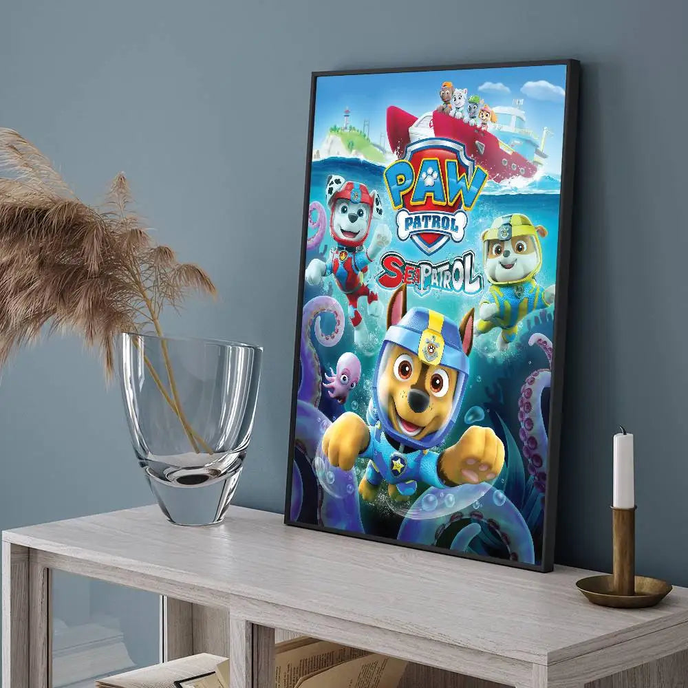 Affiche encadrée Pat Patrouille Chase sous l’eau, chiens en décor marin.