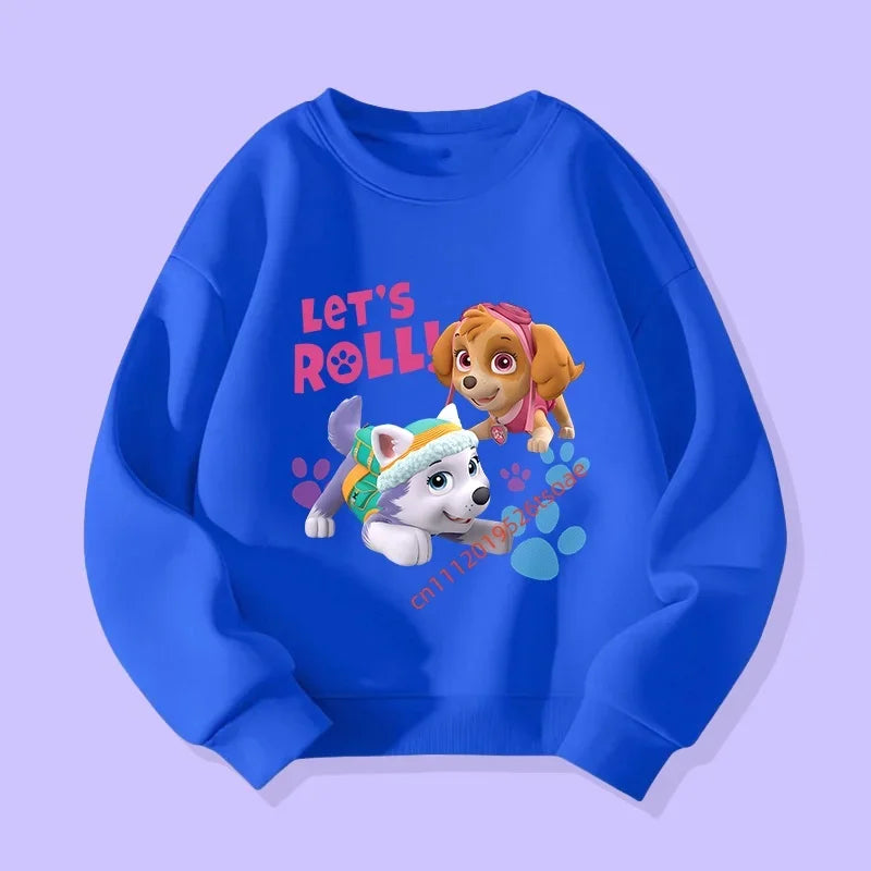 Pull enfant bleu à manches longues, imprimé Pat' Patrouille avec chien et personnage.