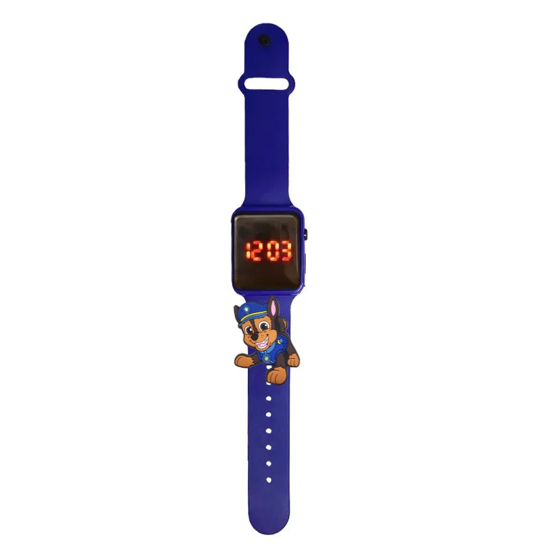 Montre LED enfant Pat Patrouille Chase, bracelet bleu marine, cadran numérique lumineux.